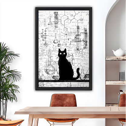Black cat science lab sketch art framed canvas wall art above wooden dining table with leather chairs