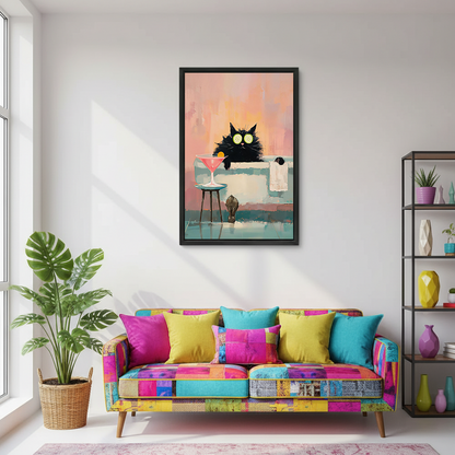 Black-framed black cat spa canvas wall art depicting a cat relaxing in a bathtub against a marble bathroom wall.
