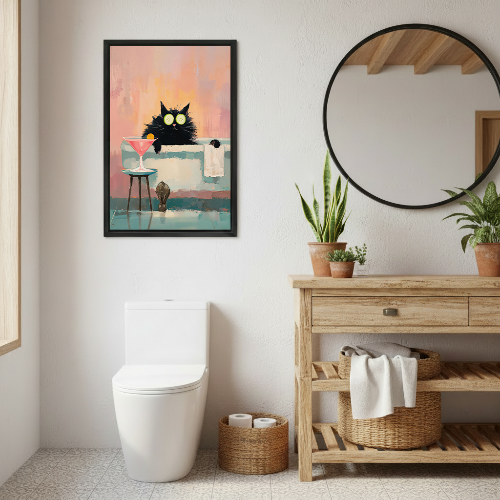 Black-framed black cat spa canvas wall art in soft pink and mint tones displayed above a colorful patchwork sofa.