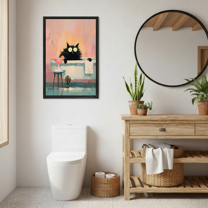 Black-framed black cat spa canvas wall art in soft pink and mint tones displayed above a colorful patchwork sofa.