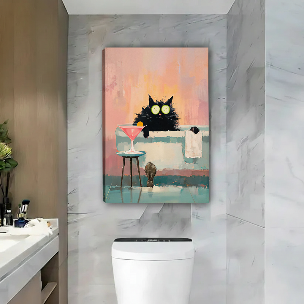 Framed black cat spa canvas wall art featuring a pastel bathtub displayed beside a round mirror and wooden vanity.