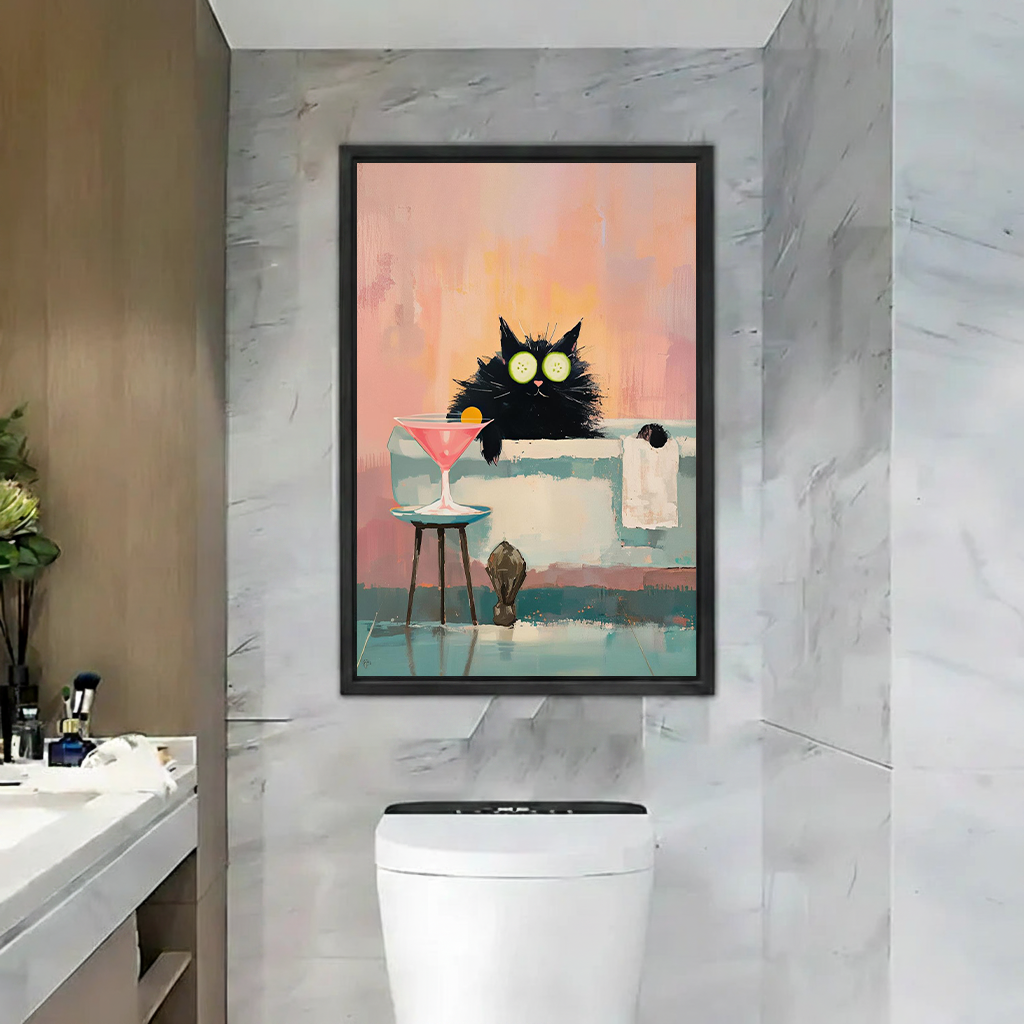 Gallery-wrap black cat spa canvas wall art with cucumber eye masks and a pink cocktail above a bathroom toilet.