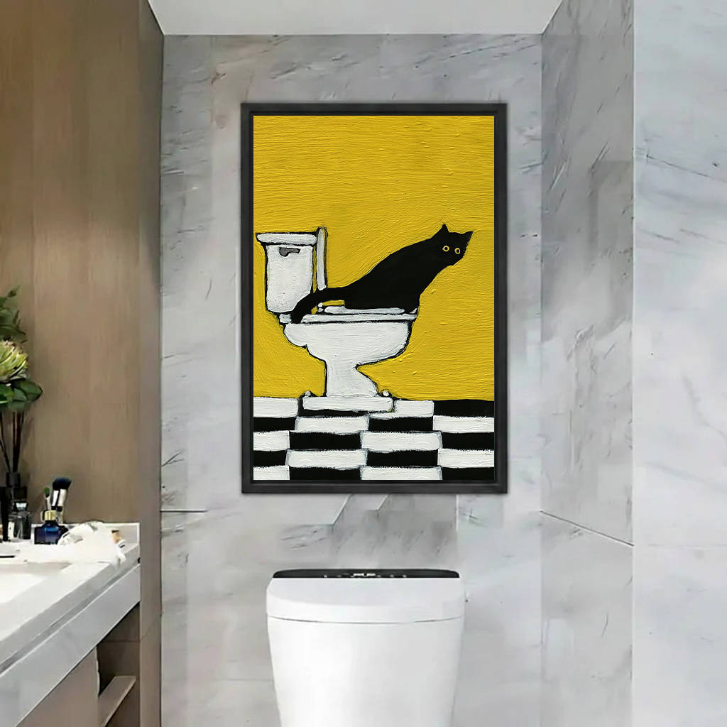 Two women beside framed black cat on toilet canvas wall art with a yellow background in a pink bathroom.