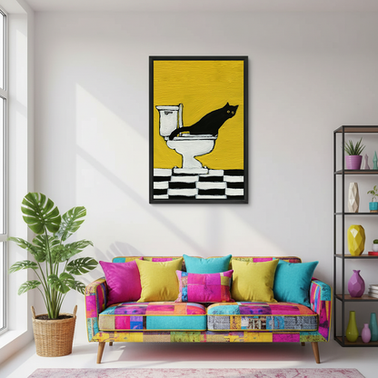 Whimsical black cat on toilet canvas wall art without an outer frame above a toilet against marble walls.