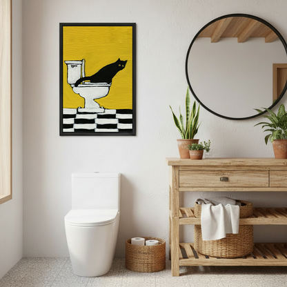 Black cat on toilet canvas wall art beside a round mirror and wooden vanity in a bright rustic bathroom.