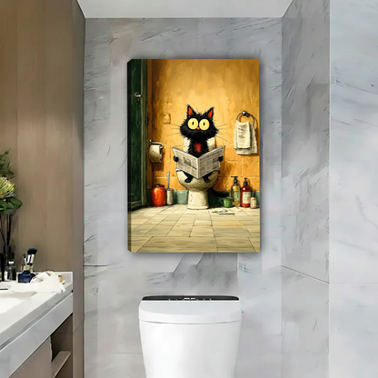 Unframed black cat sitting on toilet reading newspaper canvas art, humorous bathroom wall decor in marble setting
