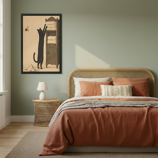 Black-framed black cat towel cabinet canvas wall art above a cream sofa and wooden coffee table in a bright room.