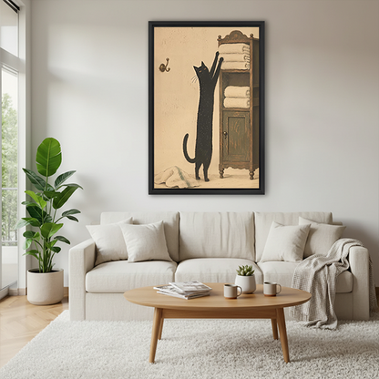 Gallery-wrapped black cat towel cabinet canvas wall art beside leafy plants, featuring cream towels and a warm beige background.