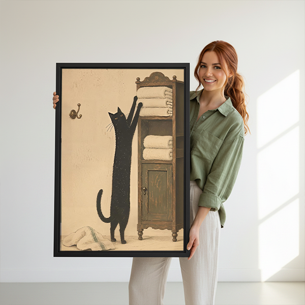 Framed black cat towel cabinet canvas wall art beside a rattan bed with terracotta bedding and a bedside lamp.