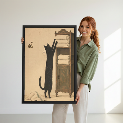 Framed black cat towel cabinet canvas wall art beside a rattan bed with terracotta bedding and a bedside lamp.