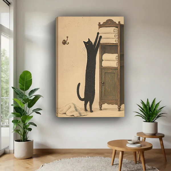 Woman holding framed black cat towel cabinet canvas wall art featuring a stretching cat beside an antique wooden cabinet.