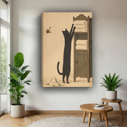 Woman holding framed black cat towel cabinet canvas wall art featuring a stretching cat beside an antique wooden cabinet.