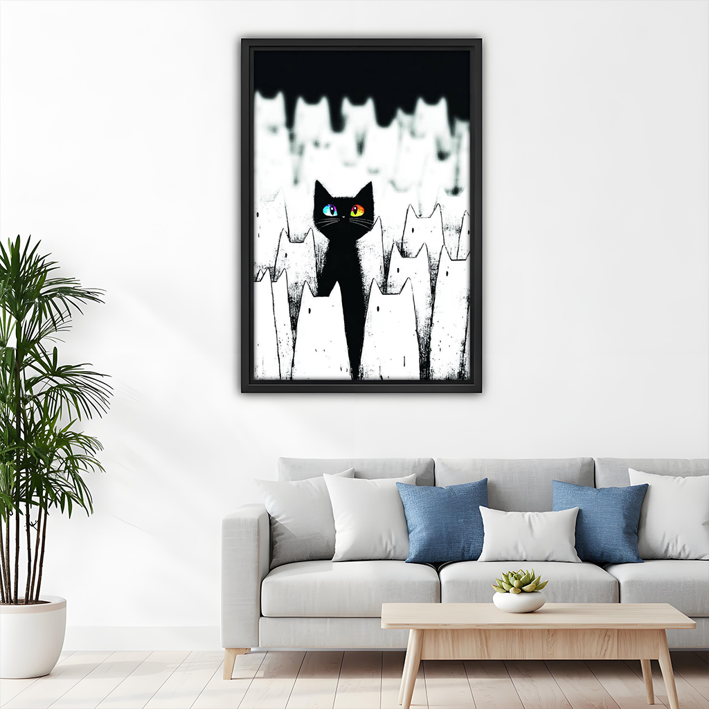 Framed black cat wall art with white silhouettes displayed beside a child's bunk bed