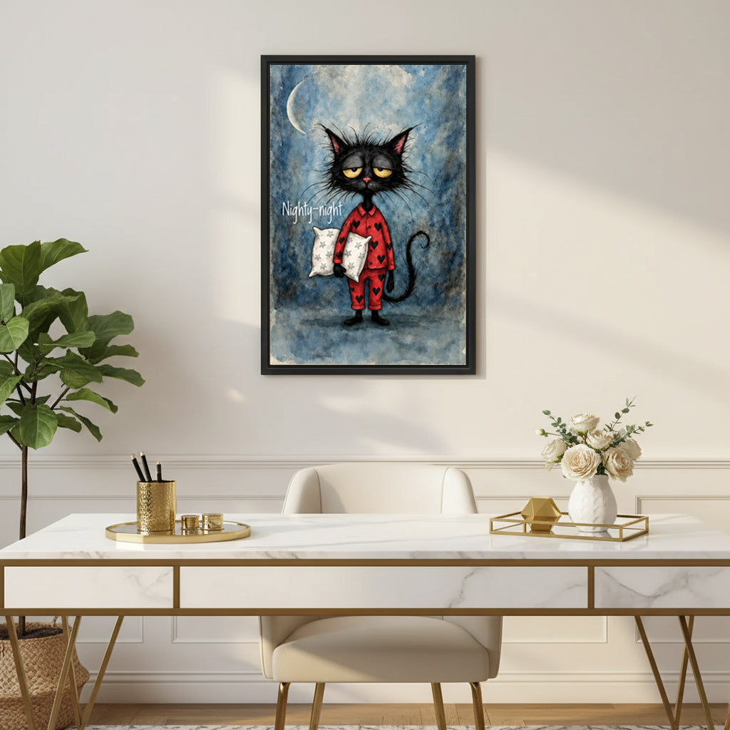 Black cat wall art displayed above a modern desk in a bright home office