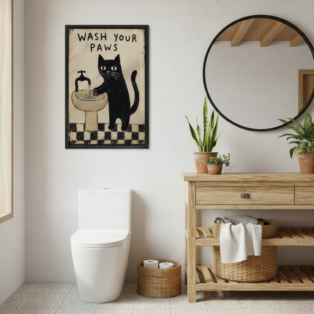 Vintage black cat wash your paws framed canvas print in farmhouse bathroom with wooden vanity and round mirror