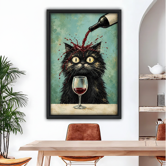 Surreal black cat wine canvas wall art with a bottle pouring into its head and a red wine glass