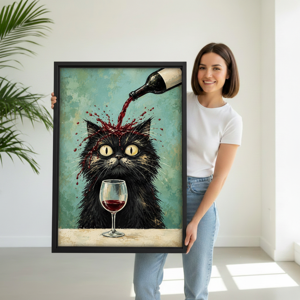 Black cat wine canvas wall art held by a smiling woman in a bright modern room