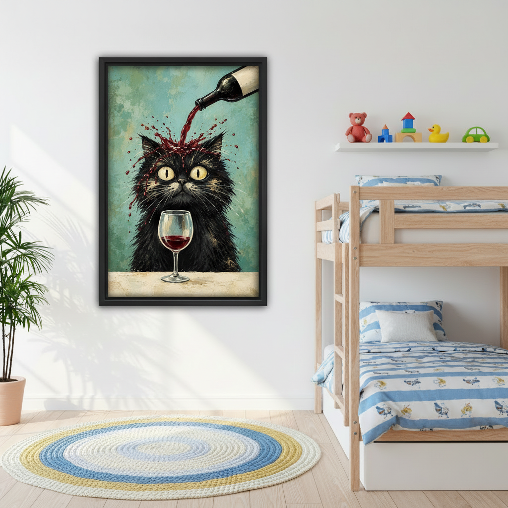 Black cat wine canvas wall art hanging beside a wooden bunk bed in a cheerful children's bedroom