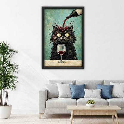 Black cat wine canvas wall art displayed above a white sofa in a bright living room