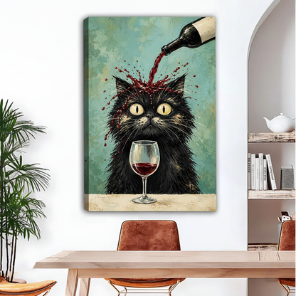Black cat wine gallery-wrap canvas displayed above a dining table with visible wrapped canvas edges