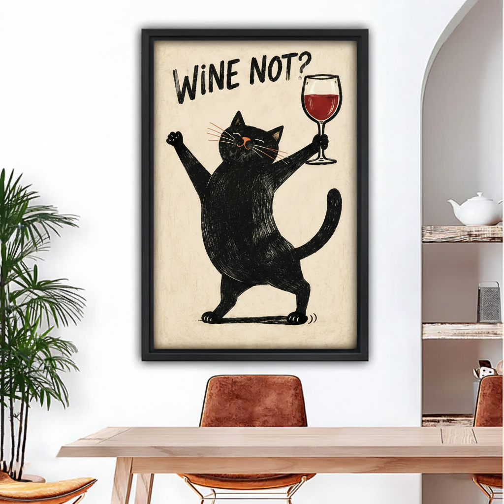 Framed black cat wine wall art styled above a dining table