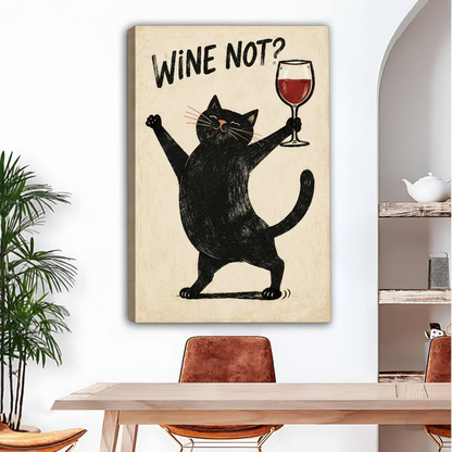Black cat wine wall art gallery wrap hanging in a stylish dining room