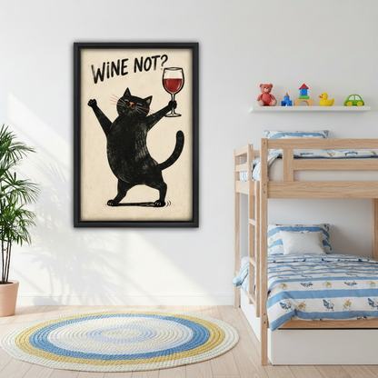 Black cat wine wall art framed above a bunk bed in a bright kids room