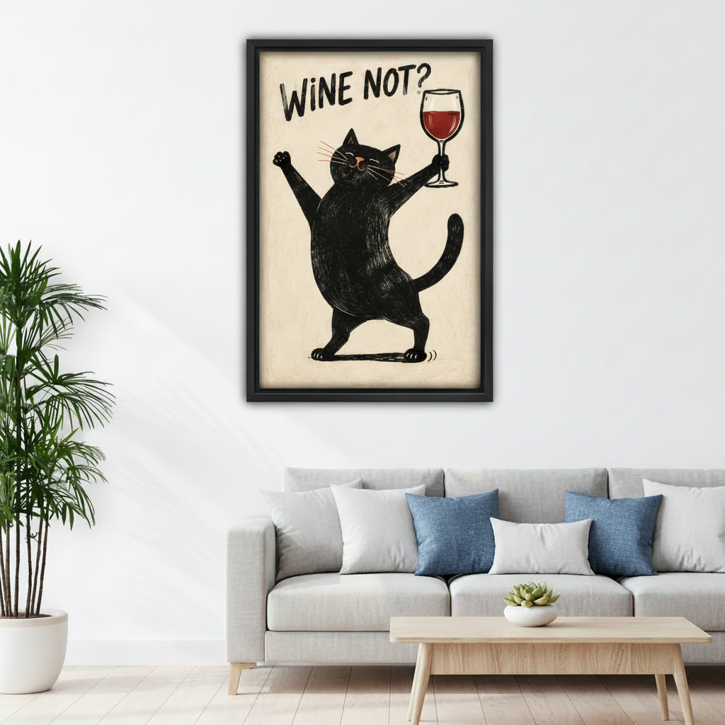 Black cat wine wall art displayed above a modern living room sofa