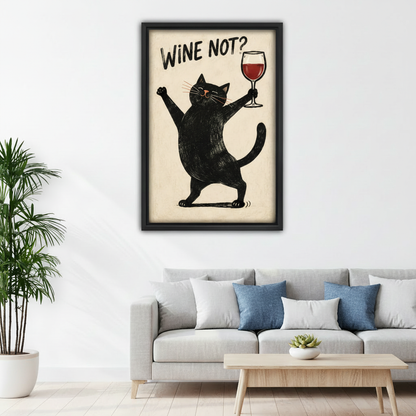 Black cat wine wall art displayed above a modern living room sofa