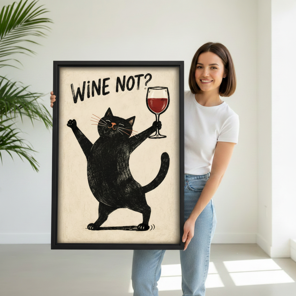 Woman holding framed black cat wine wall art to show its size