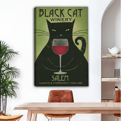 Gallery-wrap black cat winery wall art featuring a vintage Salem wine poster