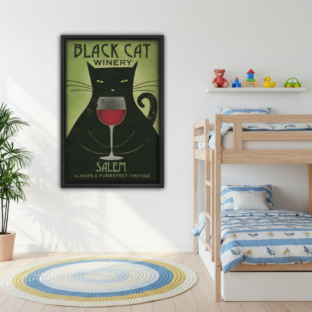 Black cat winery wall art displayed beside a bunk bed in a bright kids room