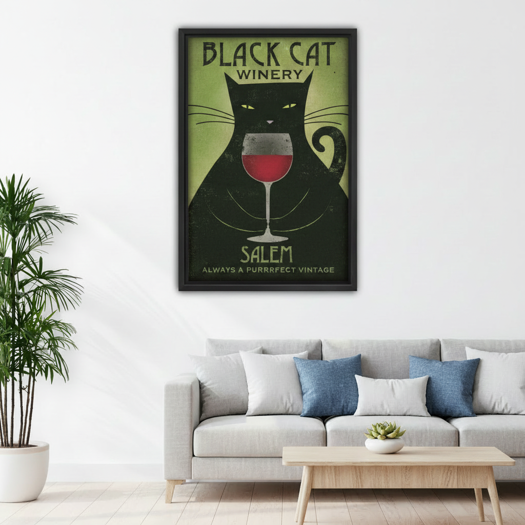 Black cat winery wall art styled above a modern living room sofa