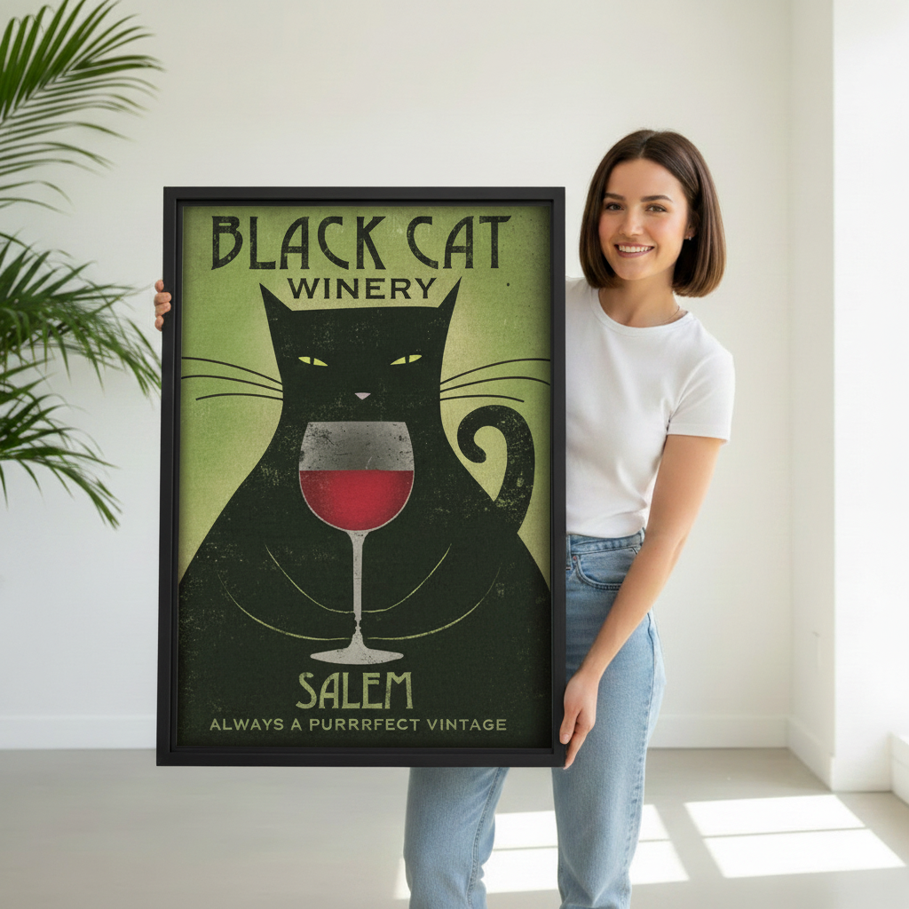 Woman holding framed black cat winery wall art to show its full size⠋