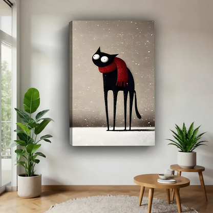 Black cat in red scarf canvas art print without frame displayed on white wall beside indoor plants