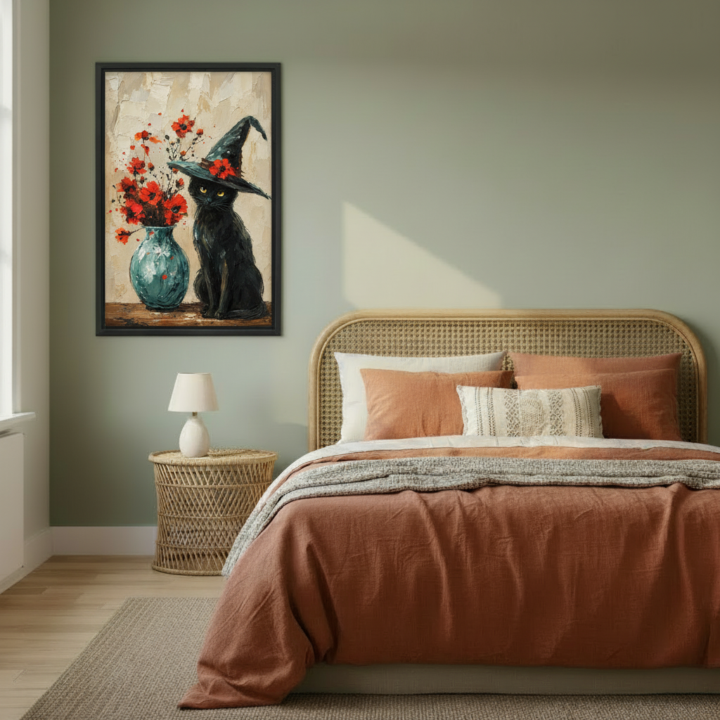 Black cat witch canvas wall art above a bed in a warm bedroom with terracotta bedding and a woven headboard