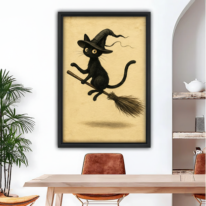  Framed black cat witch canvas wall art displayed above a dining table beside a green plant