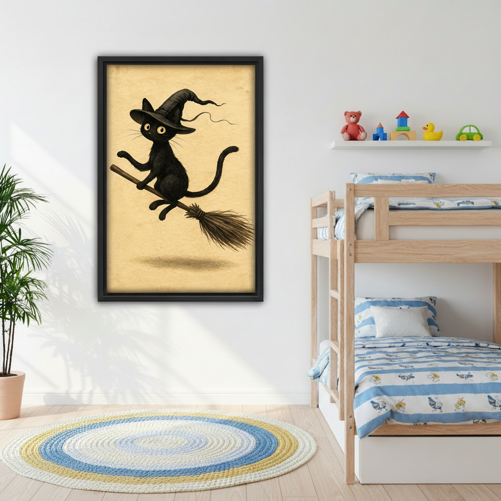 Black cat witch canvas wall art adding playful Halloween character to a bright children's bedroom