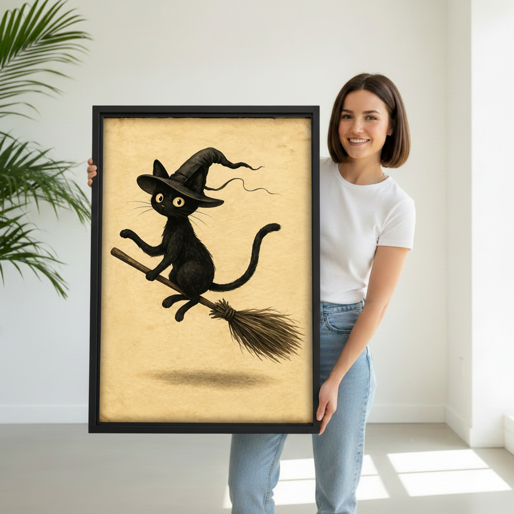 Woman holding black cat witch canvas wall art to show the framed artwork scale