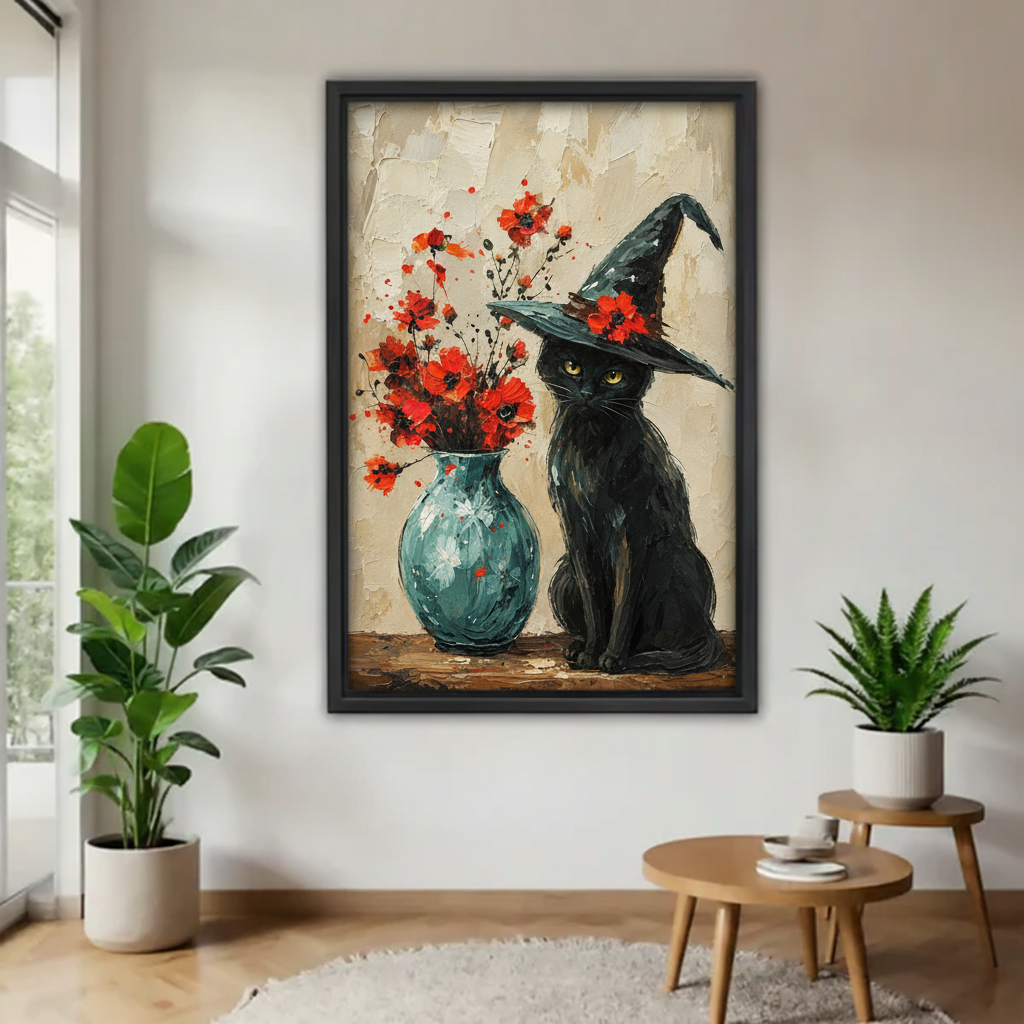 Black cat witch canvas wall art displayed as framed decor in a bright living room with plants and a round wooden table