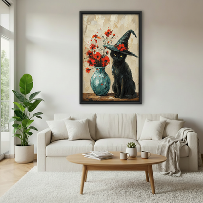 Black cat witch canvas wall art in a black frame with red flowers and a teal vase in a bright living room
