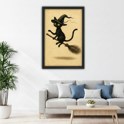 Black cat witch canvas wall art displayed above a sofa in a bright modern living room