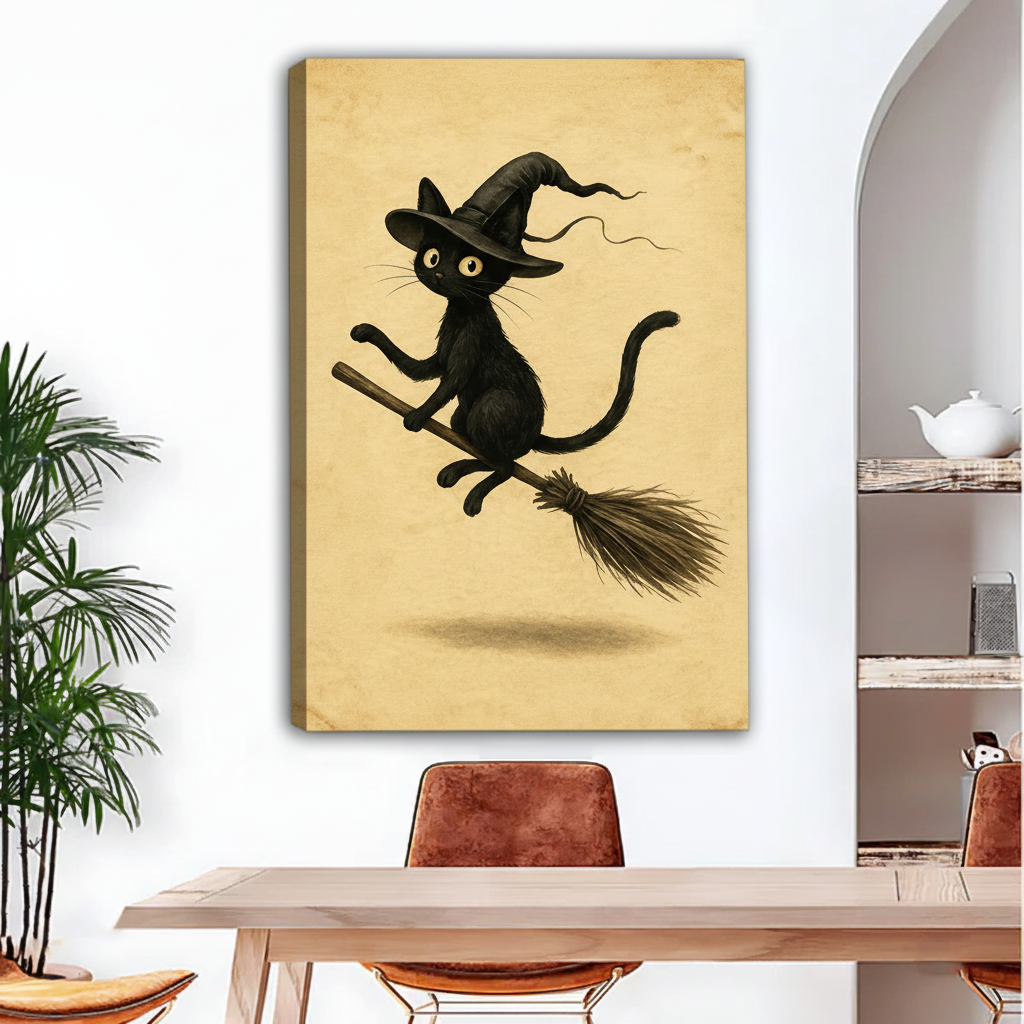 Gallery-wrap black cat witch canvas wall art styled above a dining table with warm neutral decor