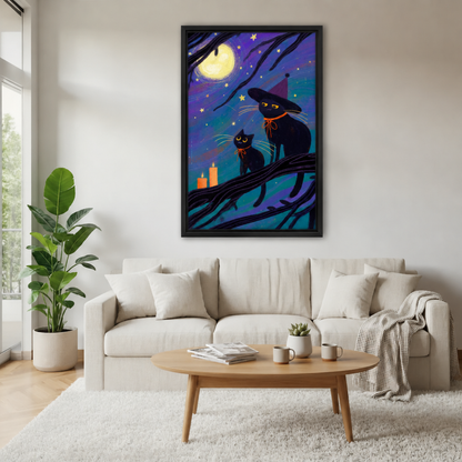 Black cat Halloween canvas wall art hanging above a cream linen sofa with a round wood coffee table and rug