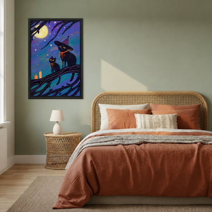Black cat Halloween canvas wall art on a sage green wall beside a rattan headboard bed with terracotta bedding
