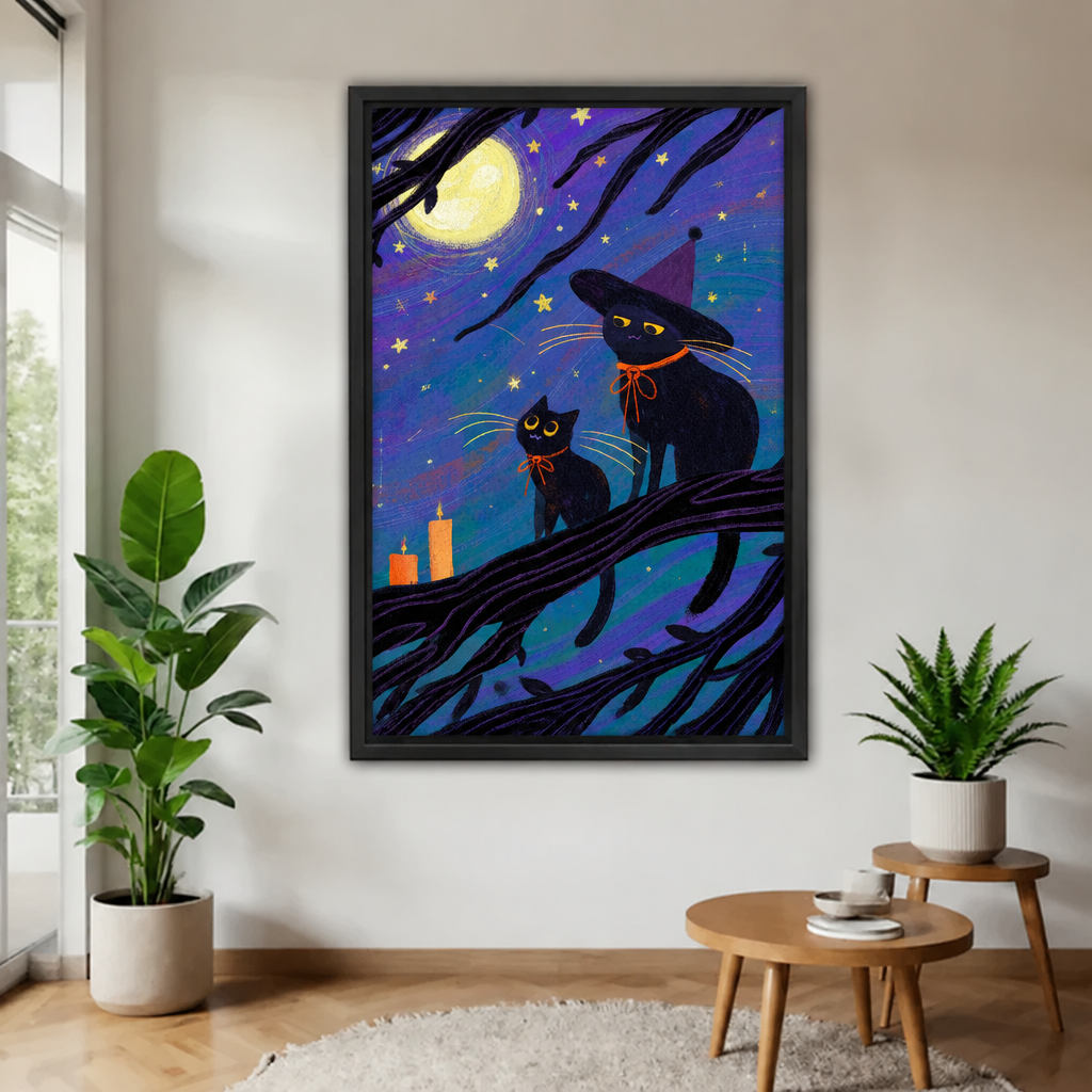 Whimsical black cat Halloween canvas wall art in a black frame on a white wall beside a monstera plant and round wooden side table