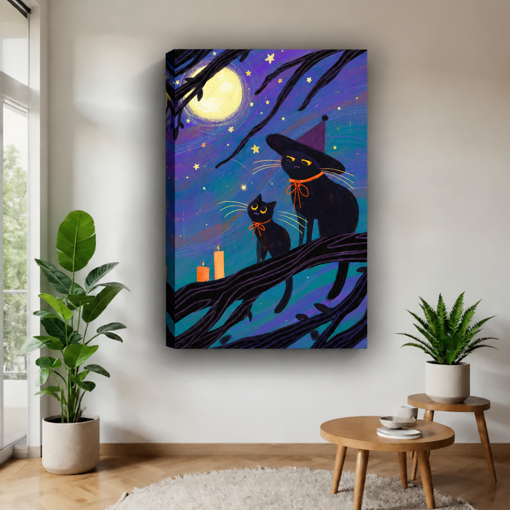 Gallery wrapped black cat Halloween canvas wall art with witch hat cats under a full moon on a bright wall