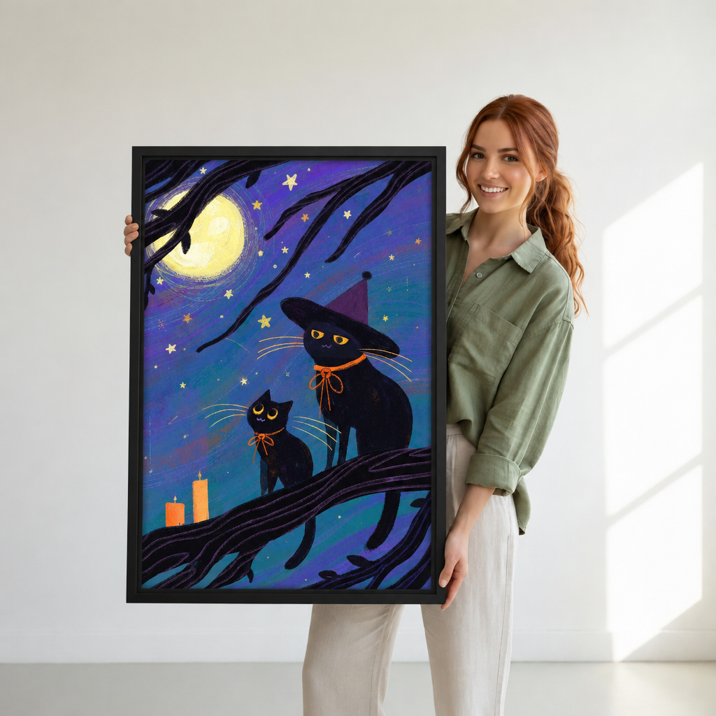 Smiling woman holding large black cat Halloween canvas wall art framed in black as a size reference