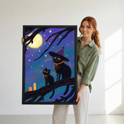 Smiling woman holding large black cat Halloween canvas wall art framed in black as a size reference