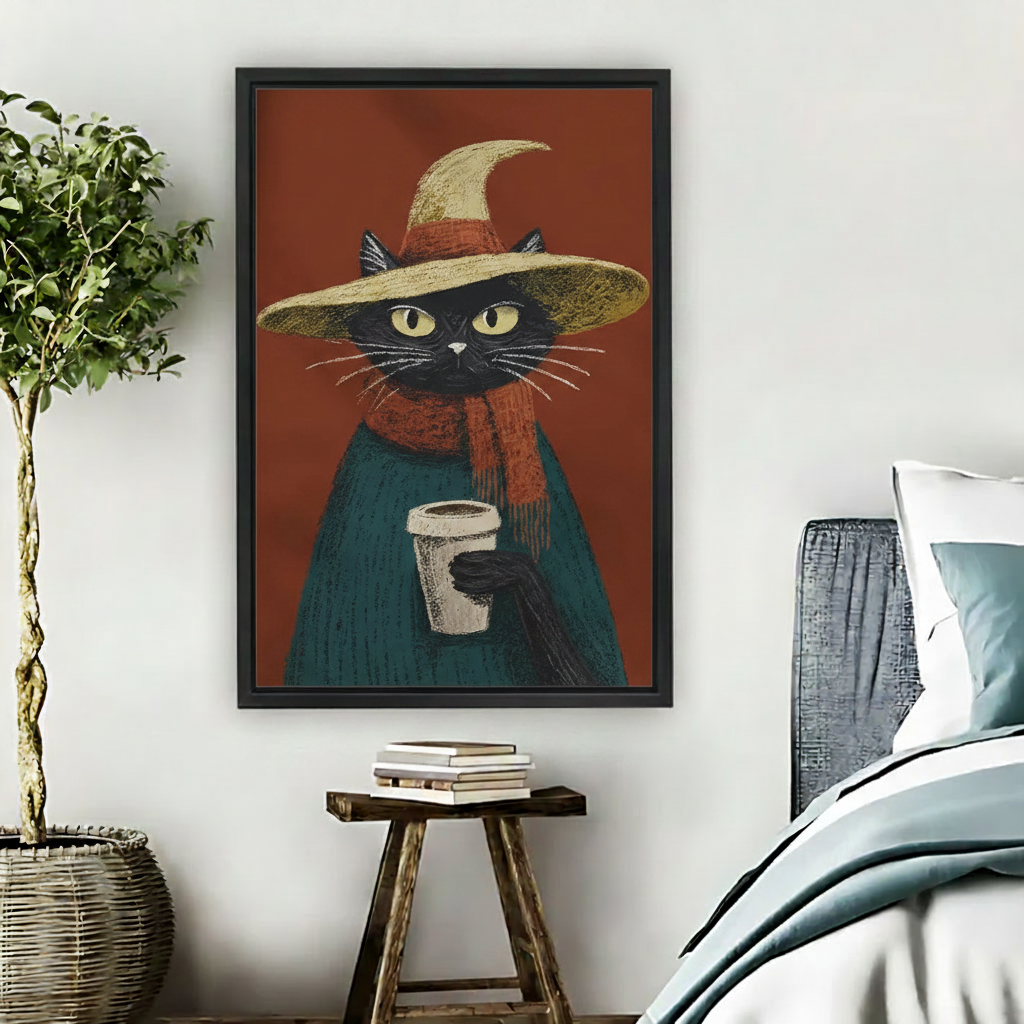 Black framed vintage-style black cat witch hat art print hung in a cozy bedroom beside a rattan basket plant, featuring an expressive cat in a wide-brim hat and rust scarf with a takeaway coffee cup on a terracotta red background